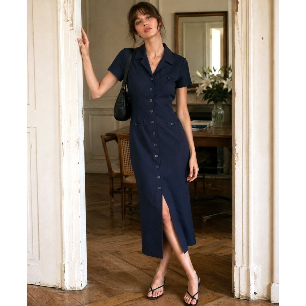 Vintage Y2K Amanda Smith Shirt Dress Collared Short Sleeve Button Front Navy 8 - Picture 1 of 12